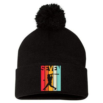 7th Birthday Retro Baseball 7 Years Old Pom Pom 12in Knit Beanie