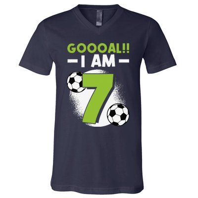 7th Birthday Soccer Themed Birthday Party 7 Years Old V-Neck T-Shirt