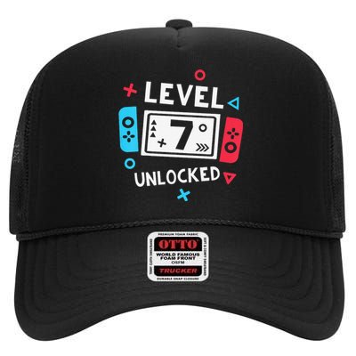  7th Birthday Shirt  Level 7 Unlocked Video Game Party High Crown Mesh Back Trucker Hat