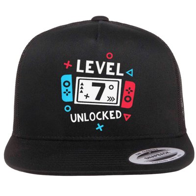  7th Birthday Shirt  Level 7 Unlocked Video Game Party Flat Bill Trucker Hat