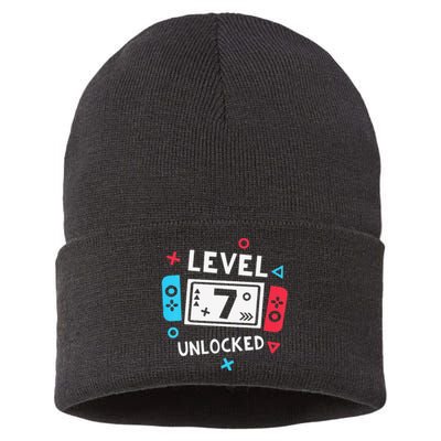  7th Birthday Shirt  Level 7 Unlocked Video Game Party Sustainable Knit Beanie