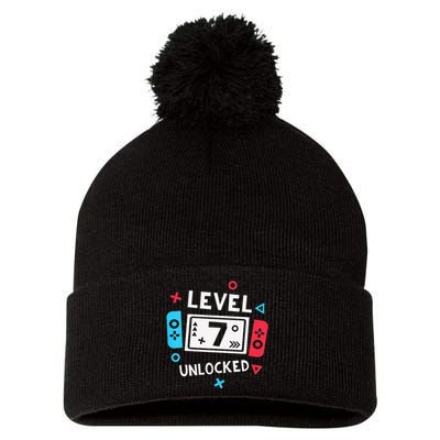  7th Birthday Shirt  Level 7 Unlocked Video Game Party Pom Pom 12in Knit Beanie