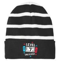  7th Birthday Shirt  Level 7 Unlocked Video Game Party Striped Beanie with Solid Band