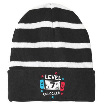  7th Birthday Shirt  Level 7 Unlocked Video Game Party Striped Beanie with Solid Band