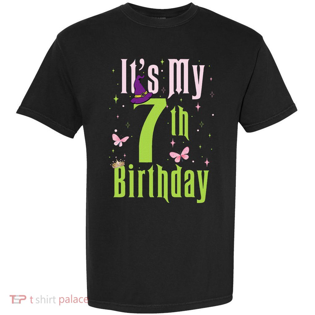 7th Birthday Witch Pin.K And Green Seven 7 Year Old Girl Garment-Dyed Heavyweight T-Shirt