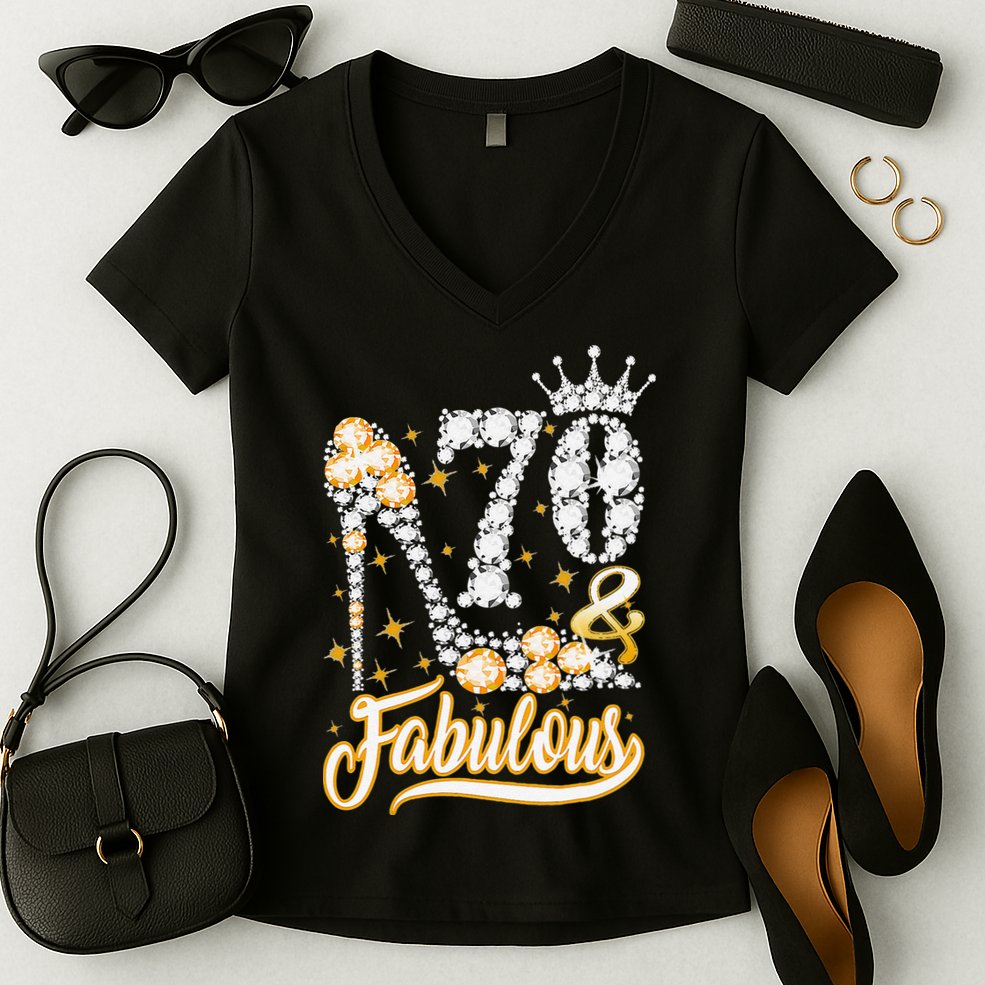 70 & Fabulous 70 Years Old 70th Birthday Diamond Crown Shoes Women's V-Neck T-Shirt
