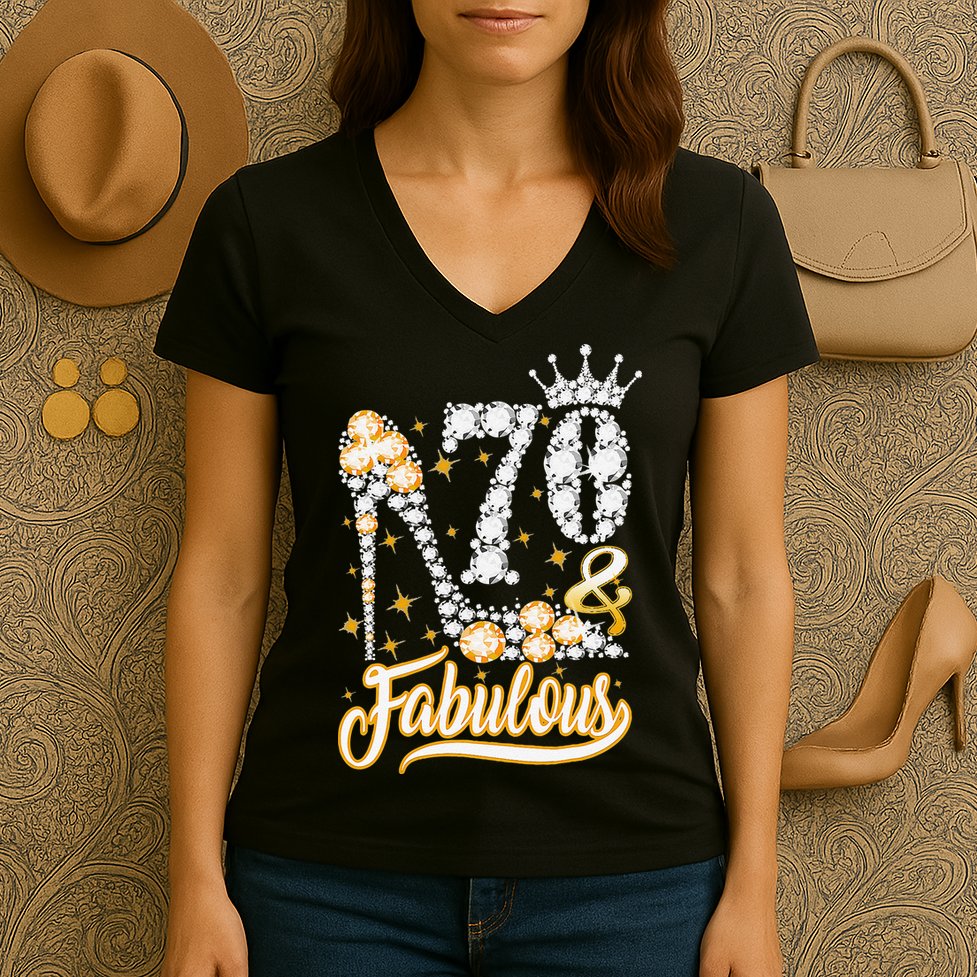 70 & Fabulous 70 Years Old 70th Birthday Diamond Crown Shoes Women's V-Neck T-Shirt