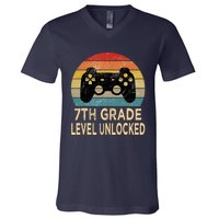 7th Grade Level Unlocked Video Gamer Back to School Vintage V-Neck T-Shirt