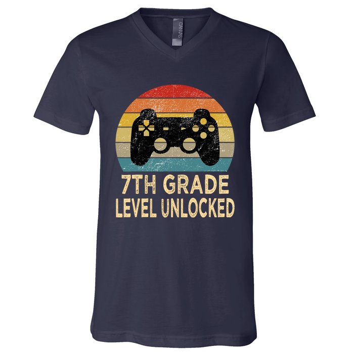 7th Grade Level Unlocked Video Gamer Back to School Vintage V-Neck T-Shirt