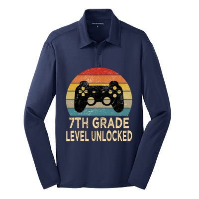 7th Grade Level Unlocked Video Gamer Back to School Vintage Silk Touch Performance Long Sleeve Polo