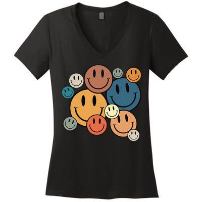 70s Retro Smile Face Cute Happy Peace Smiling Face Women's V-Neck T-Shirt