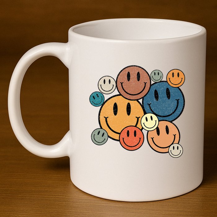 70s Retro Smile Face Cute Happy Peace 11oz C Handle Ceramic Mug