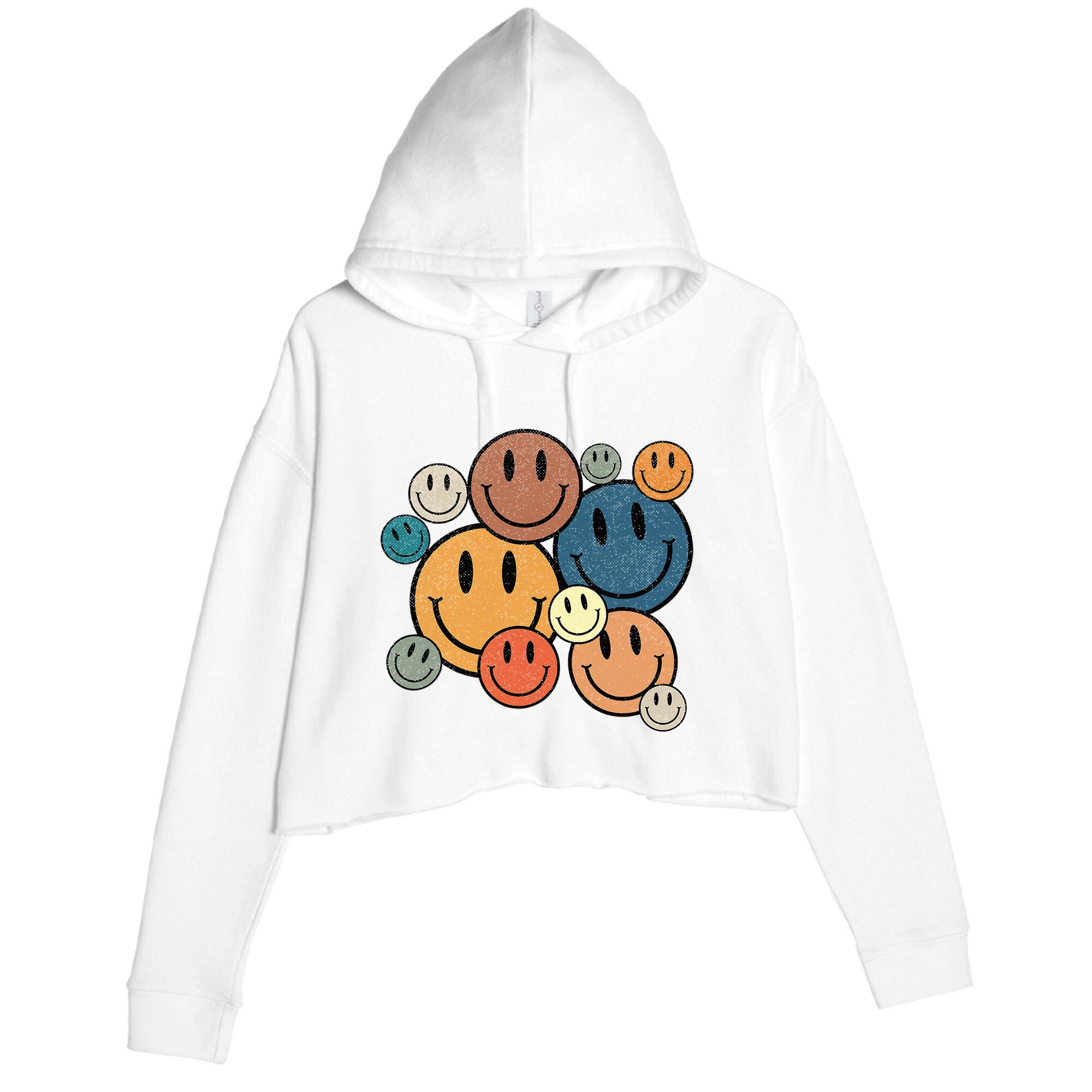 70s Retro Smile Face Cute Happy Peace Crop Fleece Hoodie
