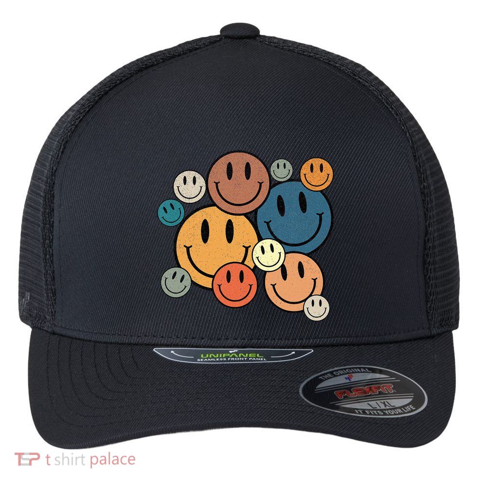 70s Retro Smile Face Cute Happy Peace Smiling Face Flexfit Unipanel Trucker Cap
