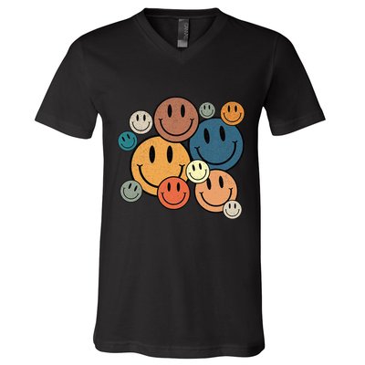 70s Retro Smile Face Cute Happy Peace Smiling Face V-Neck T-Shirt