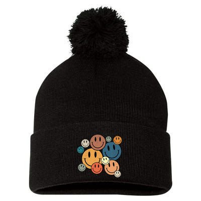 70s Retro Smile Face Cute Happy Peace Smiling Face Pom Pom 12in Knit Beanie