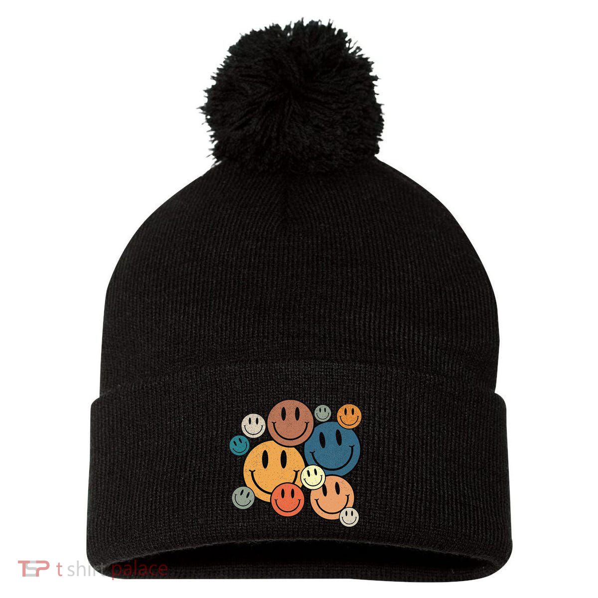 70s Retro Smile Face Cute Happy Peace Smiling Face Pom Pom 12in Knit Beanie
