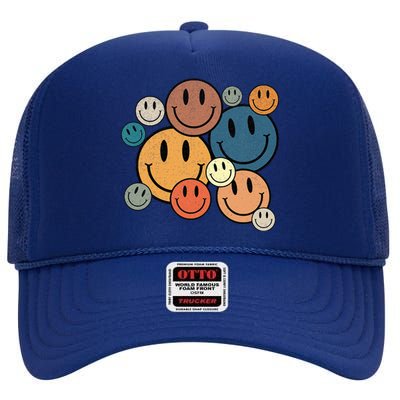 70s Retro Smile Face Cute Happy Peace Smiling Face High Crown Mesh Back Trucker Hat