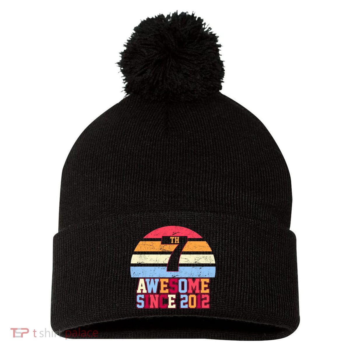 7th Birthday Vintage 7 Years Old Pom Pom 12in Knit Beanie