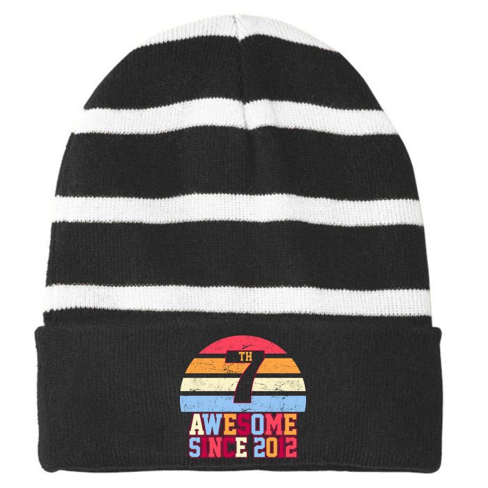 7th Birthday Vintage 7 Years Old Striped Beanie with Solid Band