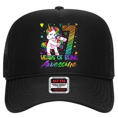 7 Year Old Gifts Unicorn Flossing 7th Birthday Girl Party High Crown Mesh Back Trucker Hat