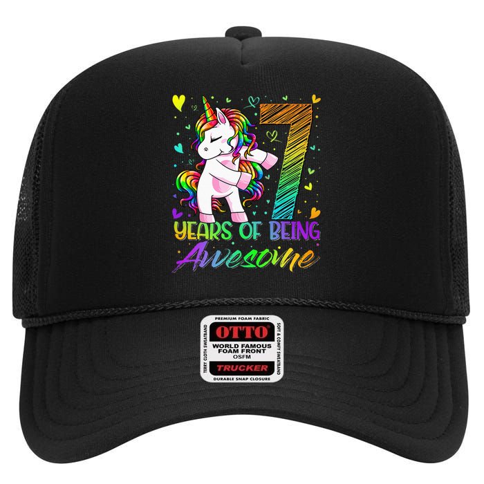 7 Year Old Gifts Unicorn Flossing 7th Birthday Girl Party High Crown Mesh Back Trucker Hat