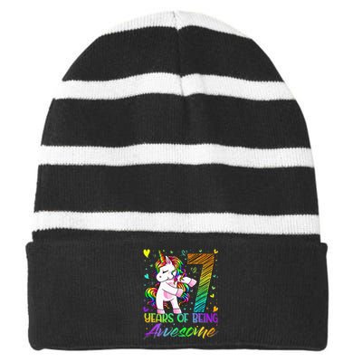 7 Year Old Gifts Unicorn Flossing 7th Birthday Girl Party Striped Beanie with Solid Band