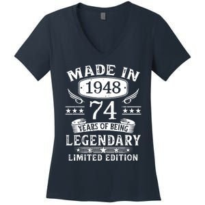 74 Years Old Made In 1948 Shirt 74th Birthday Gift Women's V-Neck T-Shirt