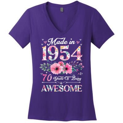 70 Year Old Made In 1954 Floral 70th Birthday Women's V-Neck T-Shirt