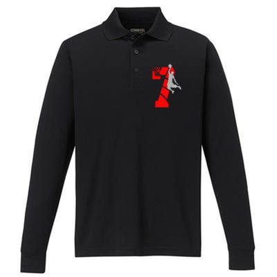 7 Year Old 7th Basketball Birthday Partytheme Performance Long Sleeve Polo