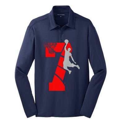 7 Year Old 7th Basketball Birthday Partytheme Silk Touch Performance Long Sleeve Polo