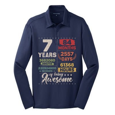 7 Years Of Being Awesome Retro Countdown 7th Birthday Silk Touch Performance Long Sleeve Polo