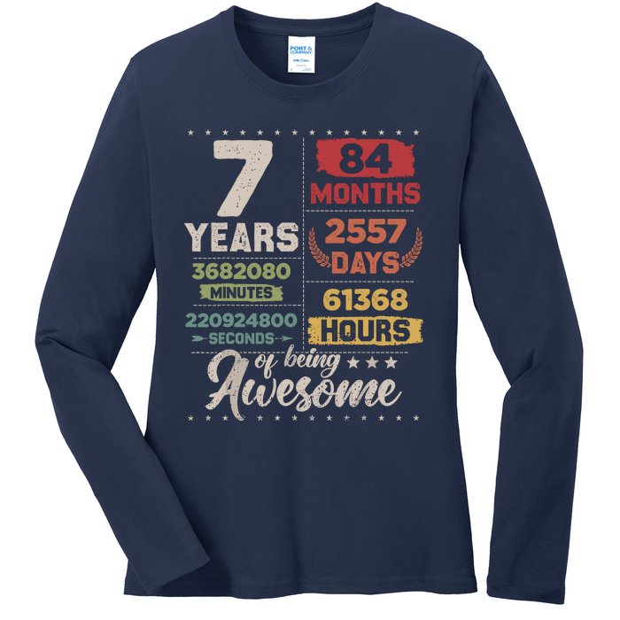 7 Years Of Being Awesome Retro Countdown 7th Birthday Ladies Long Sleeve Shirt