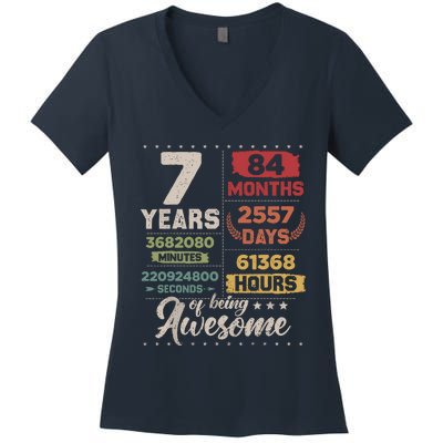 7 Years Of Being Awesome Retro Countdown 7th Birthday Women's V-Neck T-Shirt