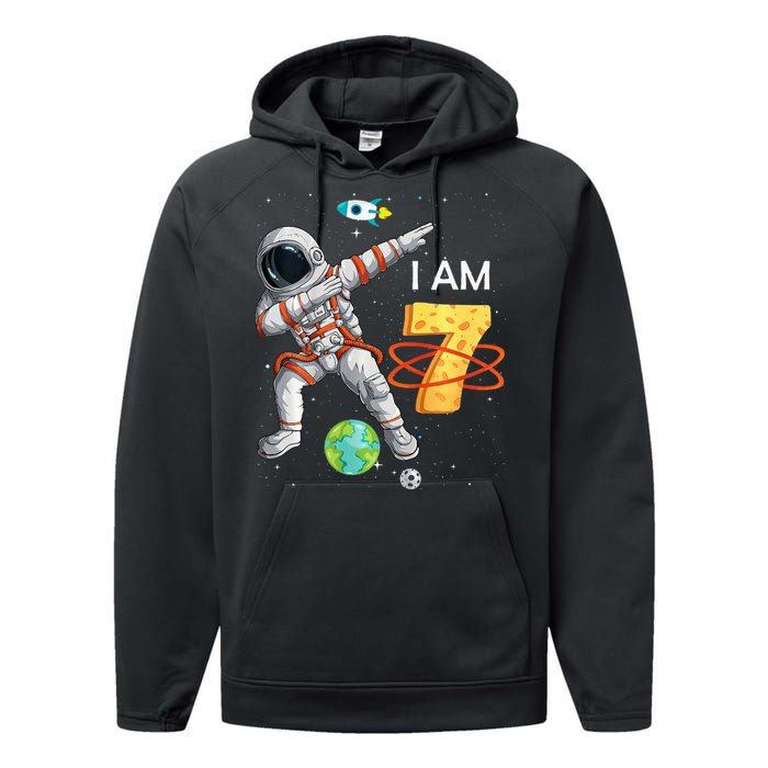 7 Years Old Birthday Astronaut Space 7th Bday Performance Fleece Hoodie