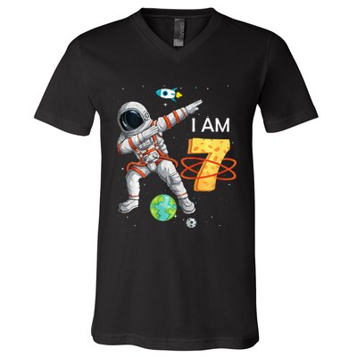 7 Years Old Birthday Astronaut Space 7th Bday V-Neck T-Shirt