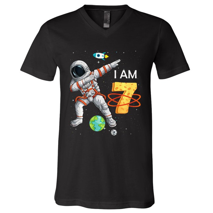 7 Years Old Birthday Astronaut Space 7th Bday V-Neck T-Shirt