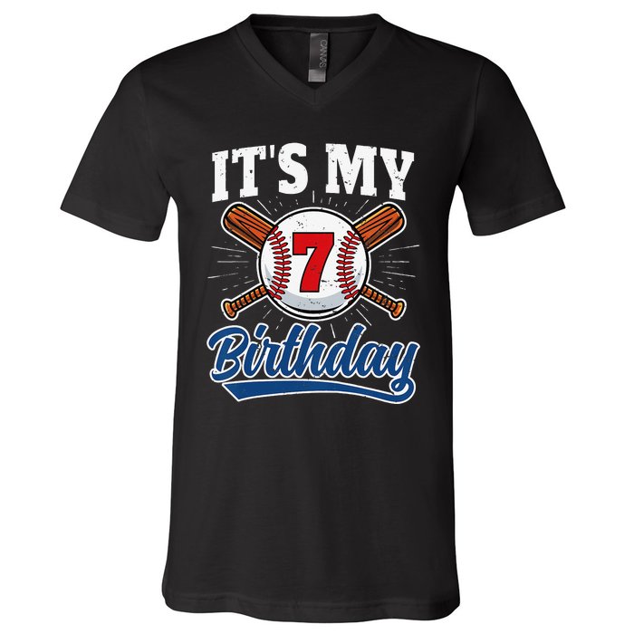  7 Years Old Baseball Player 7th Birthday Party   V-Neck T-Shirt