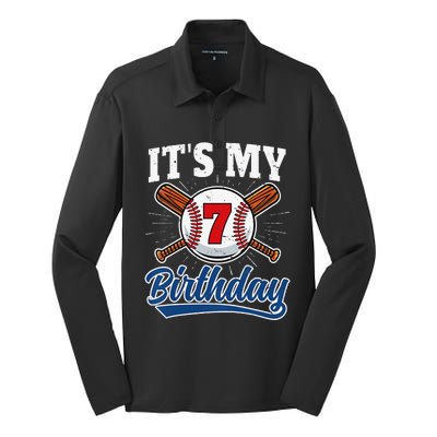  7 Years Old Baseball Player 7th Birthday Party   Silk Touch Performance Long Sleeve Polo