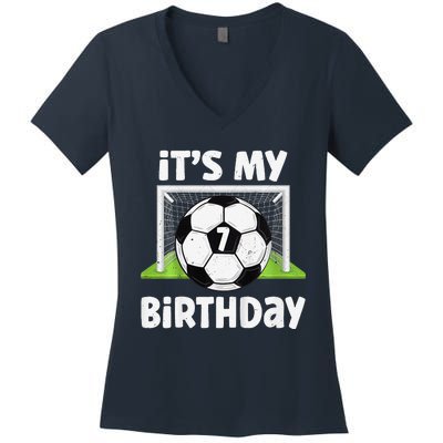 7 Years Old Soccer 7th Birthday Player Bday Party Women's V-Neck T-Shirt