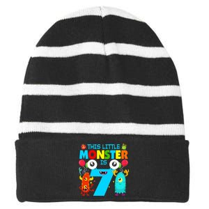 7 Year Old Gifts This Little Monster Is 7th Birthday Boy Striped Beanie with Solid Band