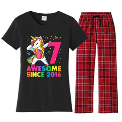 7 Years Old Unicorn Dabbing 7th Birthday Unicorn Party Women's Flannel Pajama Set