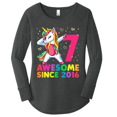 7 Years Old Unicorn Dabbing 7th Birthday Unicorn Party Women's Perfect Tri Tunic Long Sleeve Shirt