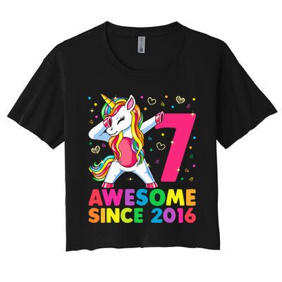 7 Years Old Unicorn Dabbing 7th Birthday Unicorn Party Women's Crop Top Tee