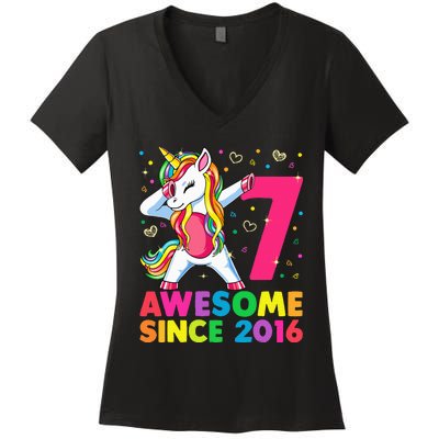 7 Years Old Unicorn Dabbing 7th Birthday Unicorn Party Women's V-Neck T-Shirt