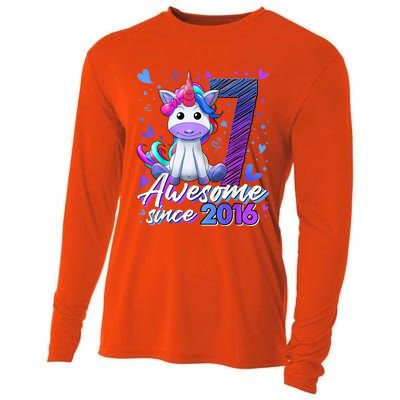 7 Years Old Flossing Unicorn Gifts 7th Birthday Girl Party Cooling Performance Long Sleeve Crew