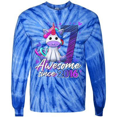 7 Years Old Flossing Unicorn Gifts 7th Birthday Girl Party Tie-Dye Long Sleeve Shirt