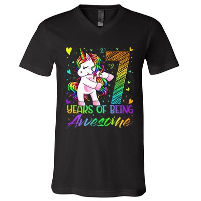 7 Year Old Gifts Unicorn Flossing 7th Birthday Girl Party V-Neck T-Shirt