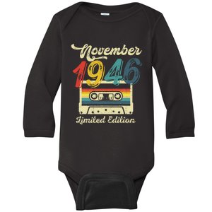 76 Years Old Gift Retro November 1946 Cassette 76th Birthday Baby Long Sleeve Bodysuit