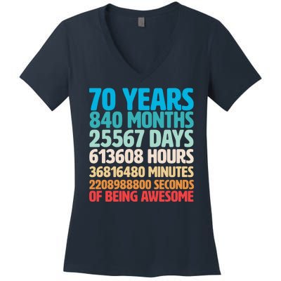 70 Years Of Being Awesome 70th Birthday Time Breakdown Women's V-Neck T-Shirt